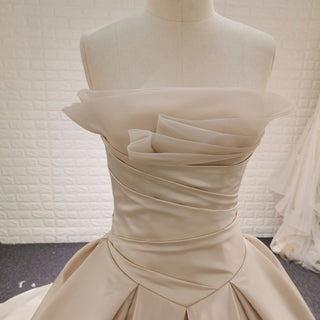 Champagne Satin Ball Gown Wedding Dress with Ruffle and Feather Neck - Rosymae