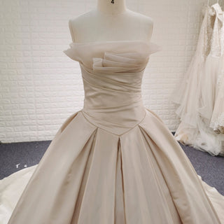 Champagne Satin Ball Gown Wedding Dress with Ruffle and Feather Neck - Rosymae
