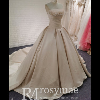 Champagne Satin Ball Gown Wedding Dress with Ruffle and Feather Neck - Rosymae
