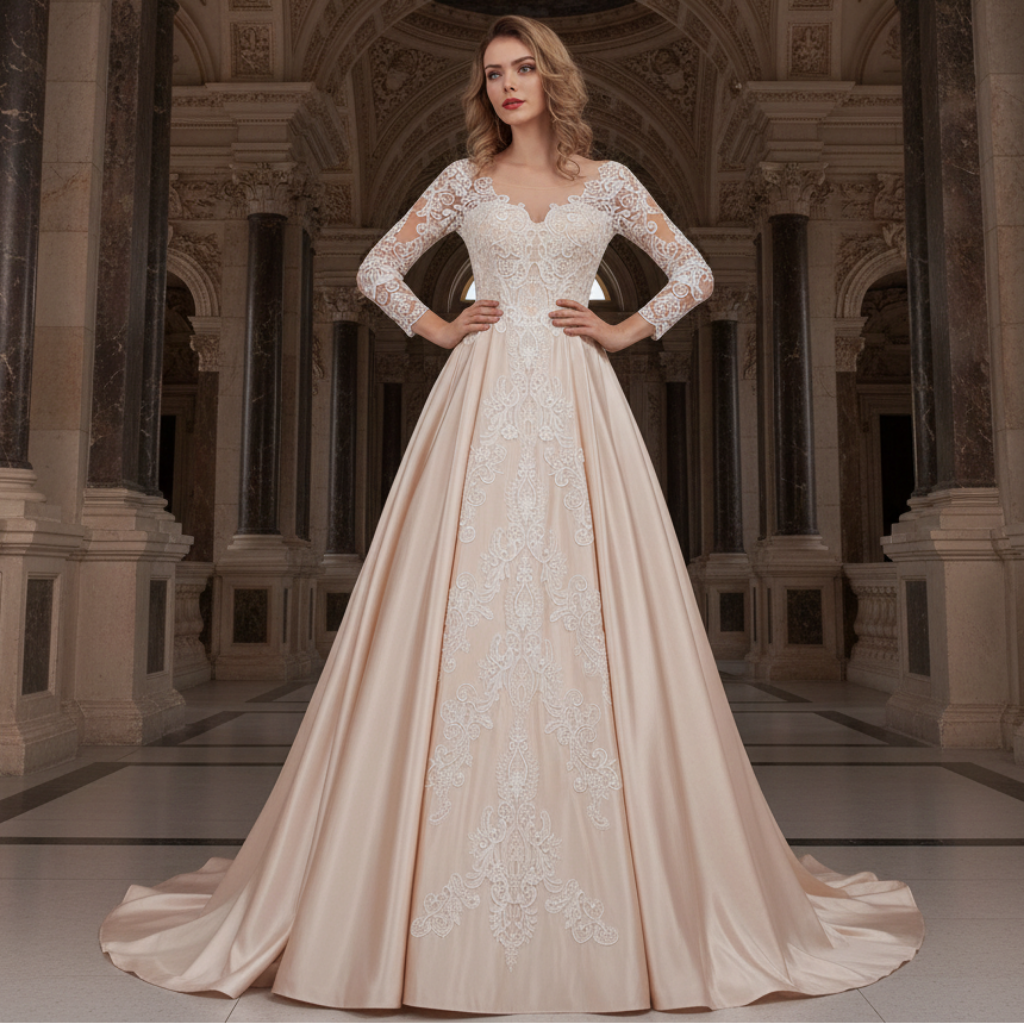 Gorgeous Long Sleeve Lace Satin A-Line Wedding Dress Champagne Rosymae Gorgeous Long Sleeve Lace Satin A-Line Wedding Dress Champagne Rosymae