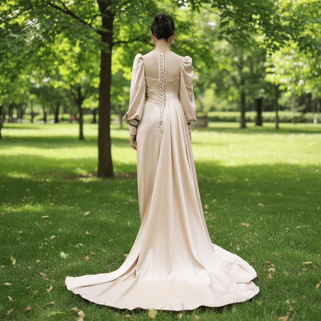 Champagne Satin Evening Dress Fit Flare Long Sleeve Party Formal Dress - Rosymae
