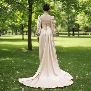 Champagne Satin Evening Dress Fit Flare Long Sleeve Party Formal Dress - Rosymae