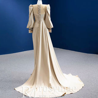 Champagne Satin Evening Dress Fit Flare Long Sleeve Party Formal Dress - Rosymae