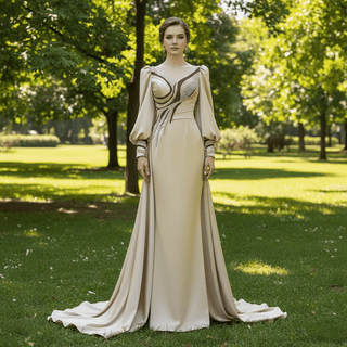 Champagne Satin Evening Dress Fit Flare Long Sleeve Party Formal Dress - Rosymae