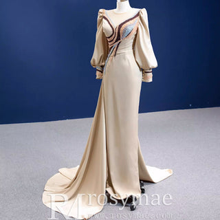 Champagne Satin Evening Dress Fit Flare Long Sleeve Party Formal Dress - Rosymae