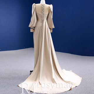 Champagne Satin Evening Dress Fit Flare Long Sleeve Party Formal Dress - Rosymae