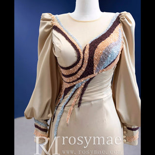 Champagne Satin Evening Dress Fit Flare Long Sleeve Party Formal Dress - Rosymae