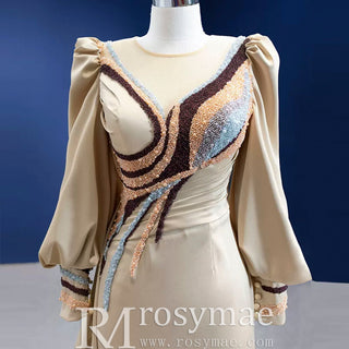 Champagne Satin Evening Dress Fit Flare Long Sleeve Party Formal Dress - Rosymae