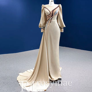 Champagne Satin Evening Dress Fit Flare Long Sleeve Party Formal Dress - Rosymae