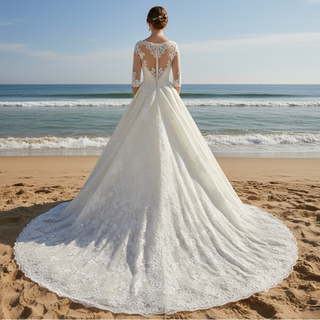 champagne-sheer-deep-v-neck-bridal-wedding-dress-with-3-4-sleeve