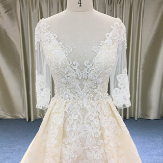 Champagne A-line Three-Quarter Sleeve Floral Lace Wedding Dress