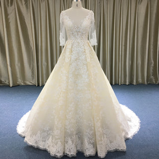 Champagne A-line Three-Quarter Sleeve Floral Lace Wedding Dress