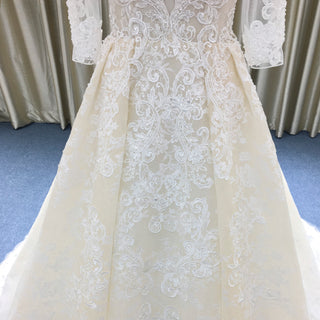 Champagne A-line Three-Quarter Sleeve Floral Lace Wedding Dress