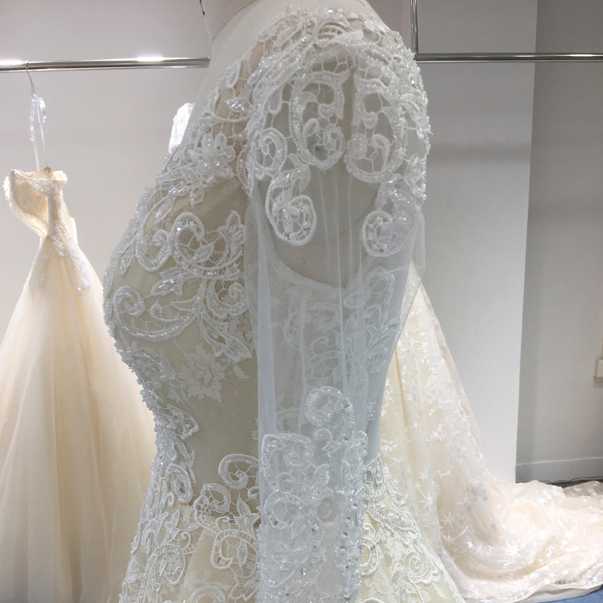 Champagne A-line Three-Quarter Sleeve Floral Lace Wedding Dress Rosymae Champagne A-line Three-Quarter Sleeve Floral Lace Wedding Dress Rosymae