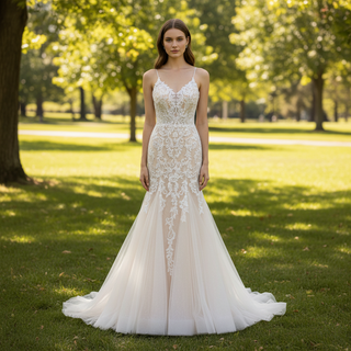 Lace Applique Spaghetti Strap Champagne Mermaid Wedding Dress