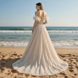 Champagne Sparkle A-line Wedding Dress with Feathers - Rosymae