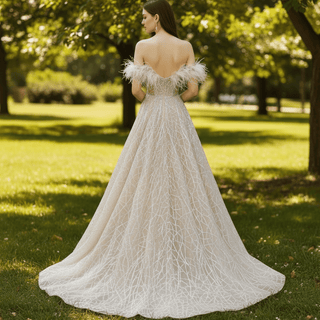 Champagne Sparkle A-line Wedding Dress with Feathers - Rosymae
