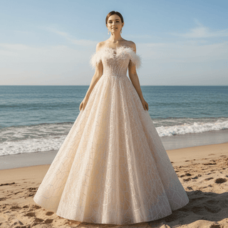 Champagne Sparkle A-line Wedding Dress with Feathers - Rosymae