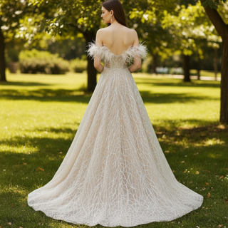 Champagne Sparkle A-line Wedding Dress with Feathers