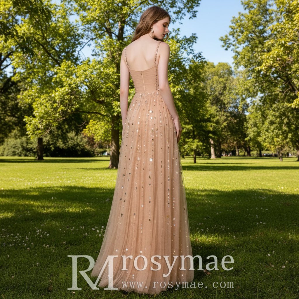 Champagne Gold Sparkly Evening Gown Party Dress with Straps Rosymae Champagne Gold Sparkly Evening Gown Party Dress with Straps Rosymae