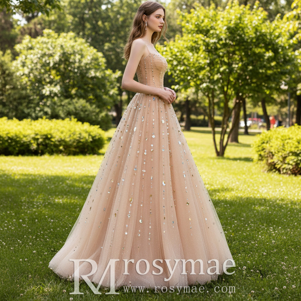 Champagne Gold Sparkly Evening Gown Party Dress with Straps Rosymae Champagne Gold Sparkly Evening Gown Party Dress with Straps Rosymae
