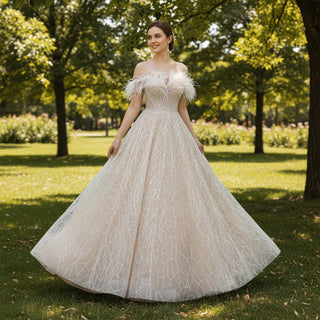 Champagne Sparkle A-line Wedding Dress with Feathers White / 0 Champagne Sparkle A-line Wedding Dress with Feathers White / 0