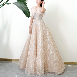 Champagne Sparkle A-line Wedding Dress with Feathers