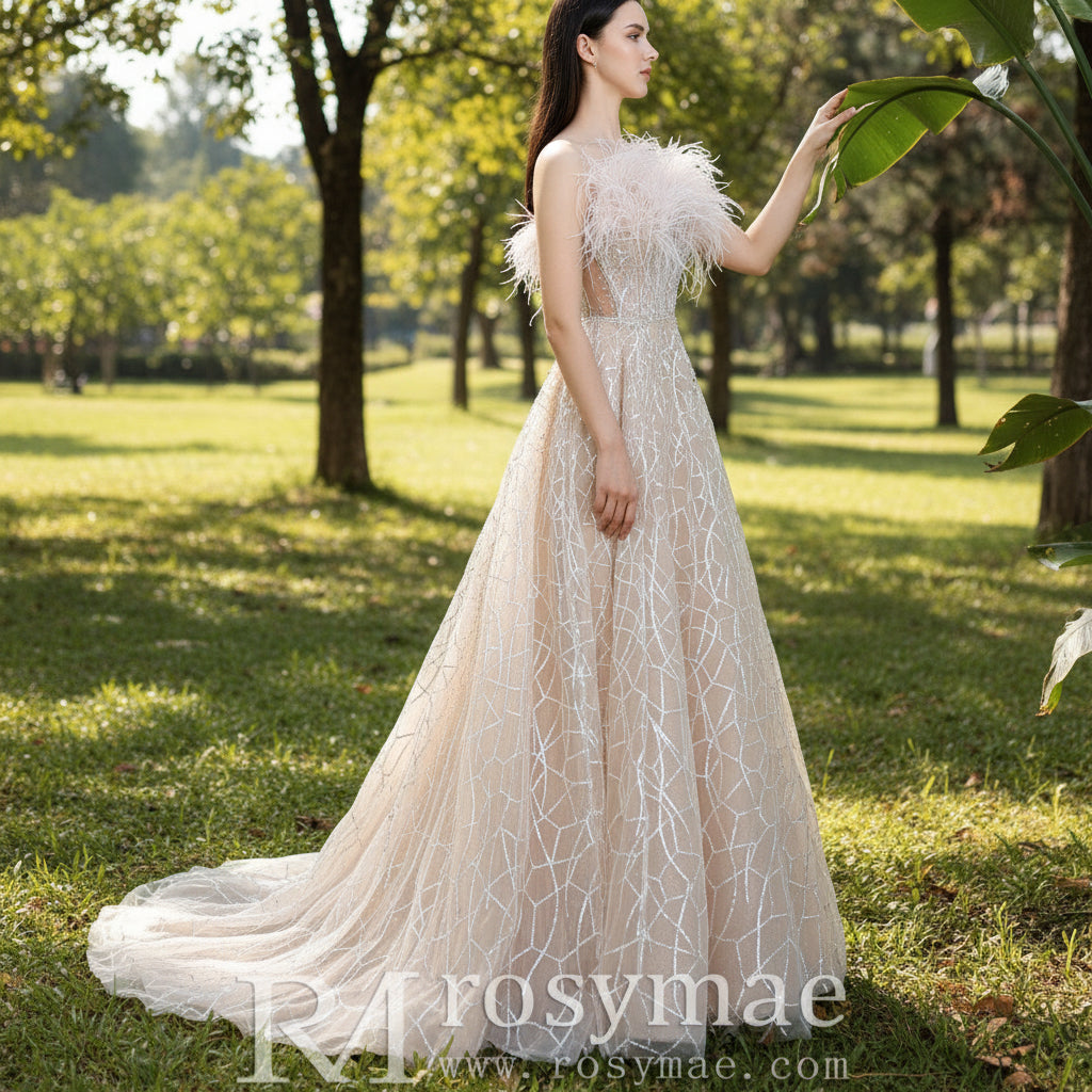 Champagne Sparkle A-line Wedding Dress with Feathers Rosymae Champagne Sparkle A-line Wedding Dress with Feathers Rosymae
