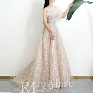 Champagne Sparkle A-line Wedding Dress with Feathers