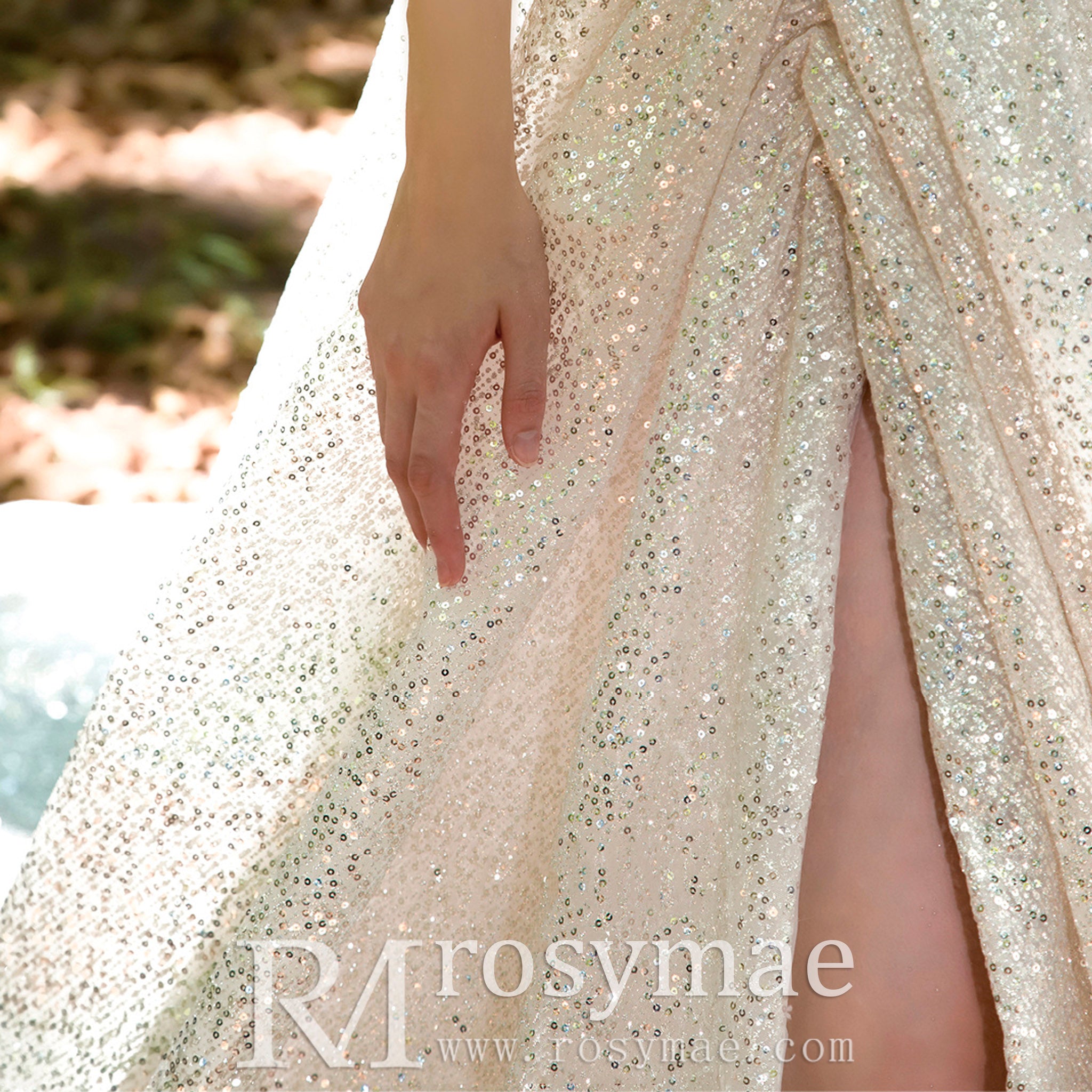 sparkly champagne bridesmaid dresses Sparkly Glitter Champagne Wedding Dresses with Leg Slit Light Champagne / 26W