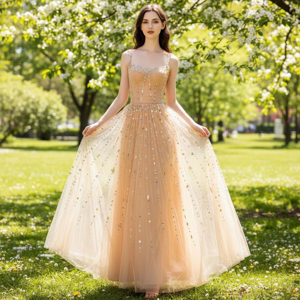 Champagne Gold Sparkly Evening Gown Party Dress with Straps Champagne Gold Sparkly Evening Gown Party Dress with Straps