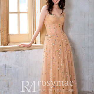 Champagne Gold Sparkly Evening Gown Party Dress with Straps