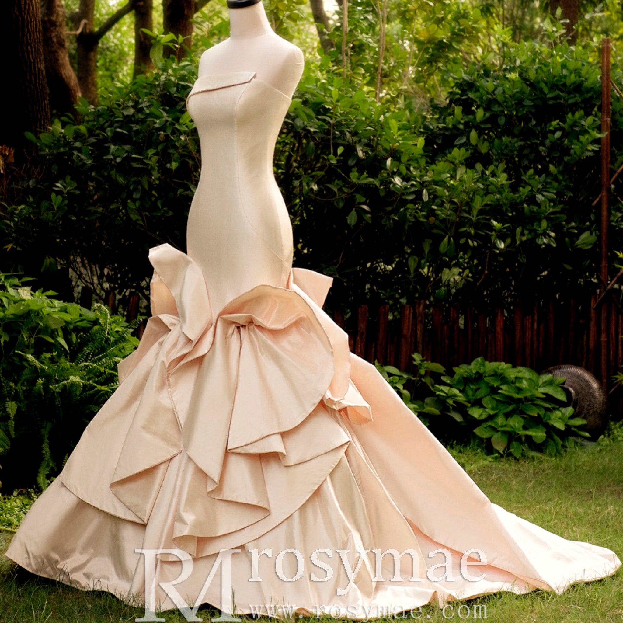 Vintage Style Asymmetrical Neck Champagne Wedding Dresses with Ruffle Rosymae Vintage Style Asymmetrical Neck Champagne Wedding Dresses with Ruffle Rosymae