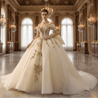 Champagne with Gold Lace Appliques Sweetheart Off-Shoulder Quinceañera Dress - Rosymae