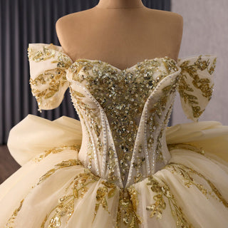 Champagne with Gold Lace Appliques Sweetheart Off-Shoulder Quinceañera Dress - Rosymae