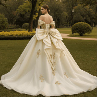 Champagne with Gold Lace Appliques Sweetheart Off-Shoulder Quinceañera Dress - Rosymae