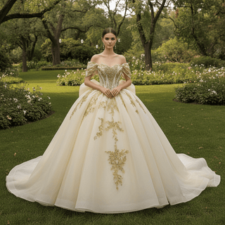 Champagne with Gold Lace Appliques Sweetheart Off-Shoulder Quinceañera Dress - Rosymae