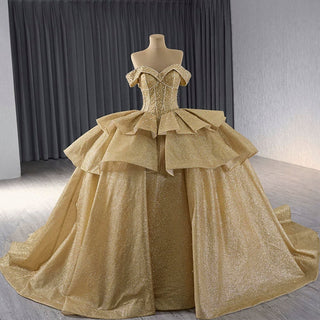 Champange Wedding Gowns Ruffled Off the Shoulder Quince Dress - Rosymae
