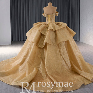 Champange Wedding Gowns Ruffled Off the Shoulder Quince Dress - Rosymae