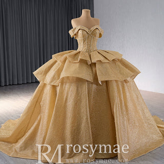 Champange Wedding Gowns Ruffled Off the Shoulder Quince Dress - Rosymae