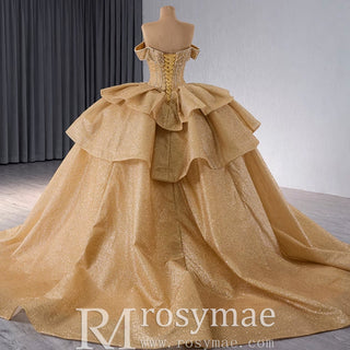 Champange Wedding Gowns Ruffled Off the Shoulder Quince Dress - Rosymae