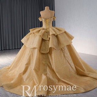 Champange Wedding Gowns Ruffled Off the Shoulder Quince Dress - Rosymae