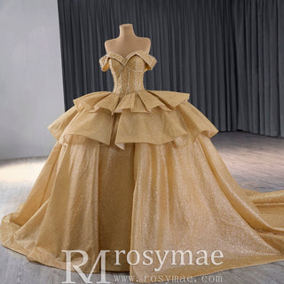 Champange Wedding Gowns Ruffled Off the Shoulder Quince Dress - Rosymae