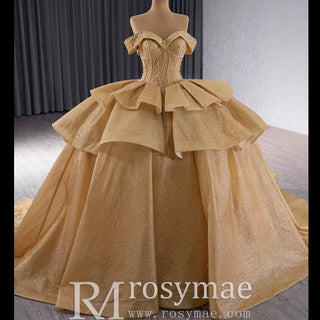 Champange Wedding Gowns Ruffled Off the Shoulder Quince Dress - Rosymae