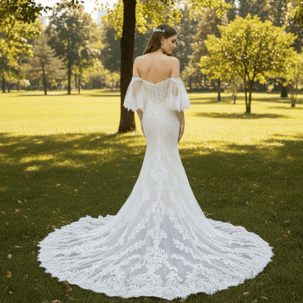 Chapel Train Mermaid Lace Wedding Dress with Sleeves - Rosymae