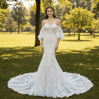 Chapel Train Mermaid Lace Wedding Dress with Sleeves - Rosymae