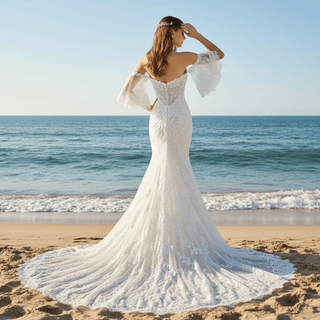 Chapel Train Mermaid Lace Wedding Dress with Sleeves - Rosymae