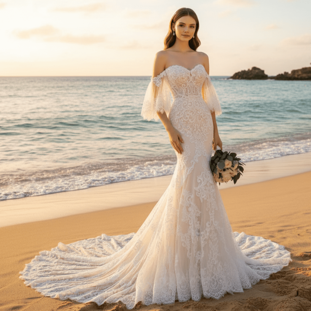 Chapel Train Mermaid Lace Wedding Dress with Sleeves - Rosymae
