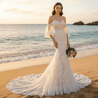 Chapel Train Mermaid Lace Wedding Dress with Sleeves - Rosymae