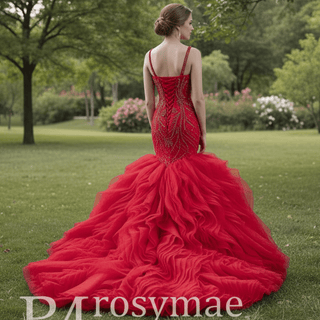 Charming Organza Mermaid Evening Dress Ruffles Long Prom Dress - Rosymae